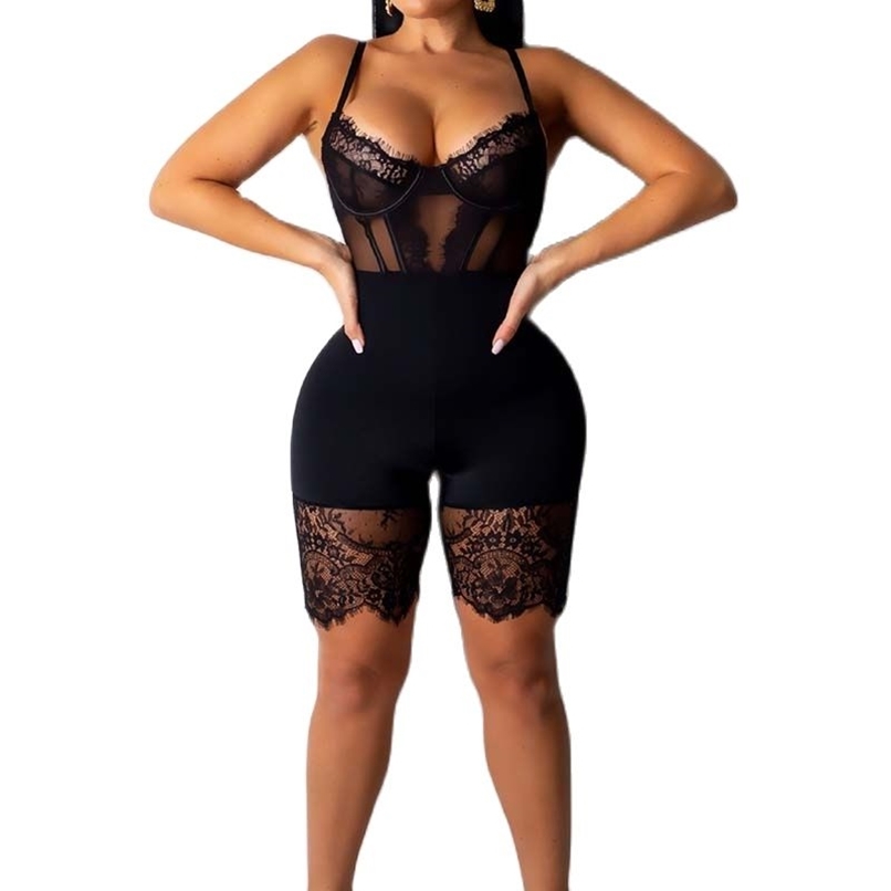 

Unique lace insert sexy jumpsuit women's tight-fitting spaghetti strap sheer mesh fashion clothing 210520, Black