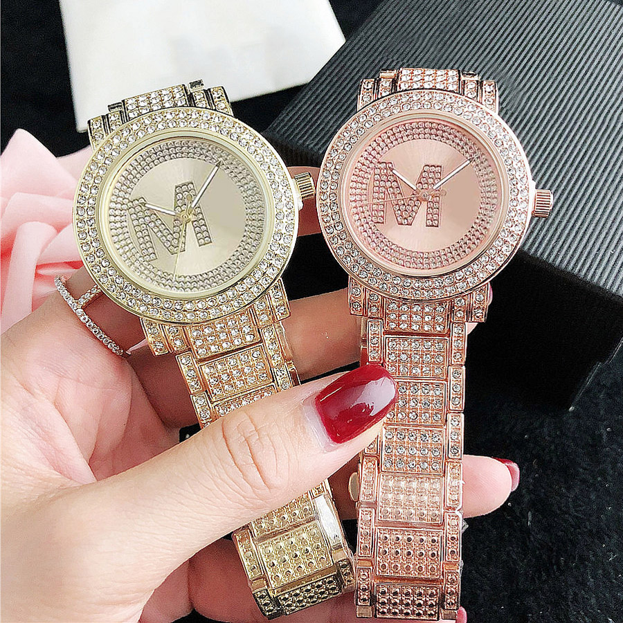

Brand Watches Women Girl Diamond Crystal Big Letters Style Metal Steel Band Quartz Wrist Watch M126, Rose gold