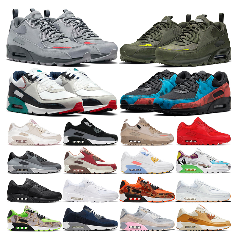 

90 mens running shoes Cargo Khaki Safety Orange Camo green Wolf Grey white Gum black Bacon Tie Dye Obsidian womens sports sneaker trainers fashion outdoor size 36-45, 46 backwards cap