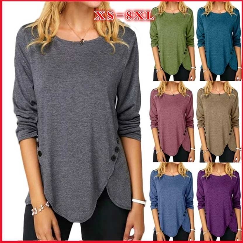 

Round Neck Long Sleeve Women T-Shirt Solid Color Loose Casual Tops Button Oversized Cotton Tees Aesthetic Irregular Pullover 220124, Blue