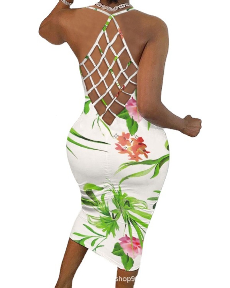

floral print stitching fishing net open back sleeveless tight dress, Black;gray