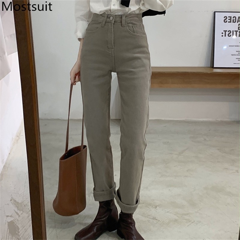 

Korean High Waist Straight Pants Trousers Women Zip-up Casual Fashion Ladies Autumn Winter 210518, Grey