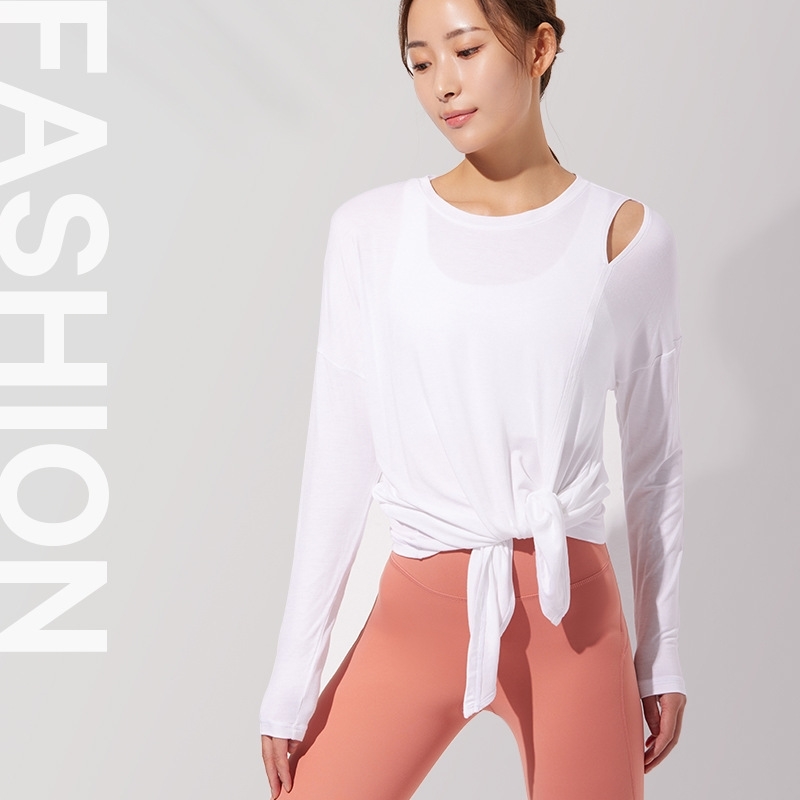 

Sports fitness yoga clothes women's new Lulu top sleeved T-shirt loose long style split knot two wear blouse, Gray