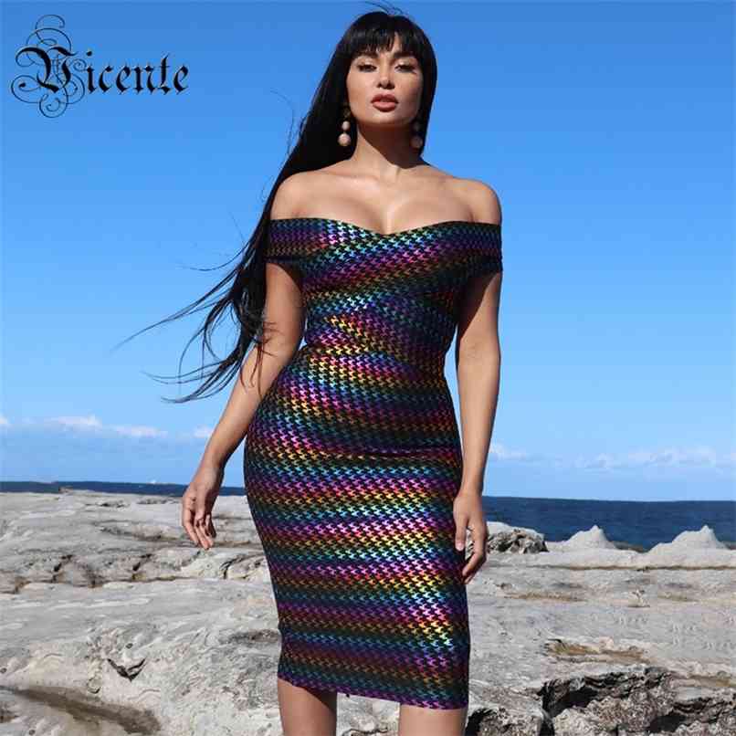 

Trendy Geometric Off The Shoulder Short Sleeves Celebrity Party Knee Length Bandage Dress 210520, Multi