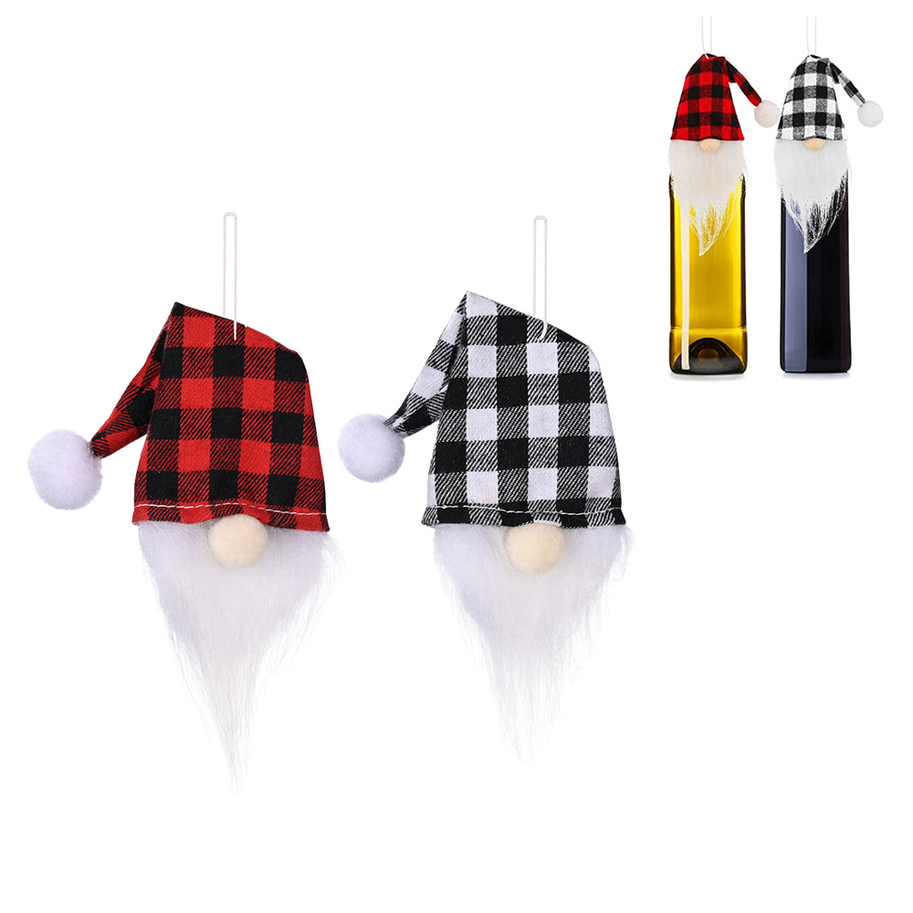 

Christmas Gnome Wine Bottle Cover Handmade Buffalo Plaid Champagne Toppers Santa Hat Hanging Decoration GWE9602