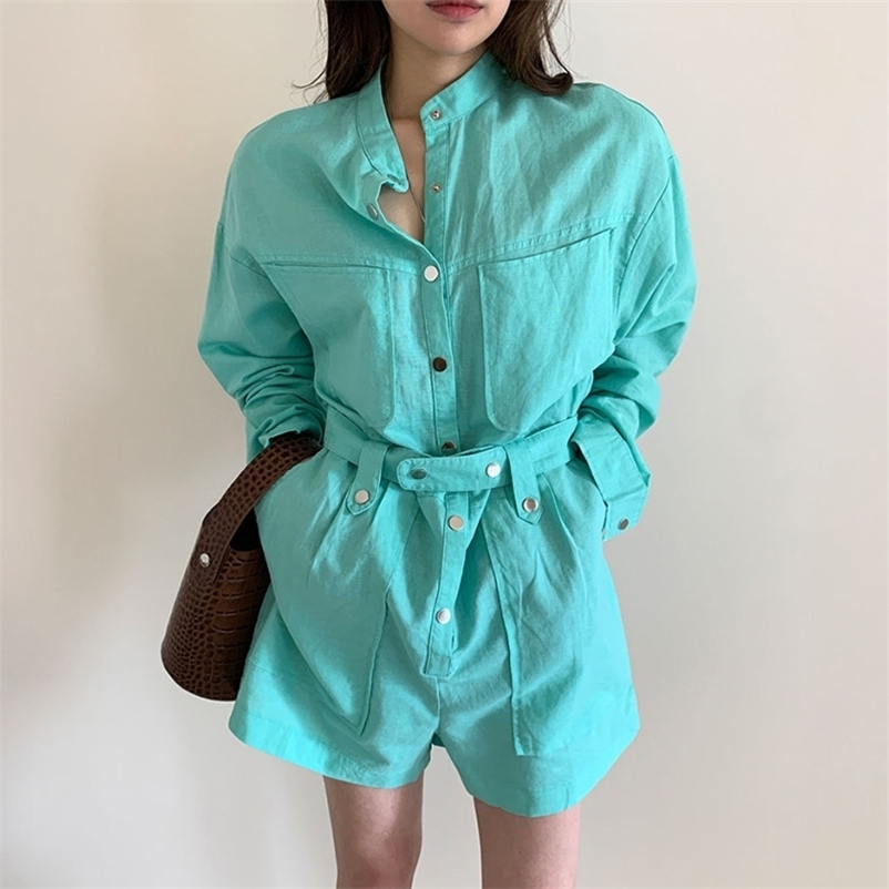 

Casual all-match white stand-up collar single-breasted lace-up waist thinner long-sleeved tooling jumpsuit women 210525, Khaki