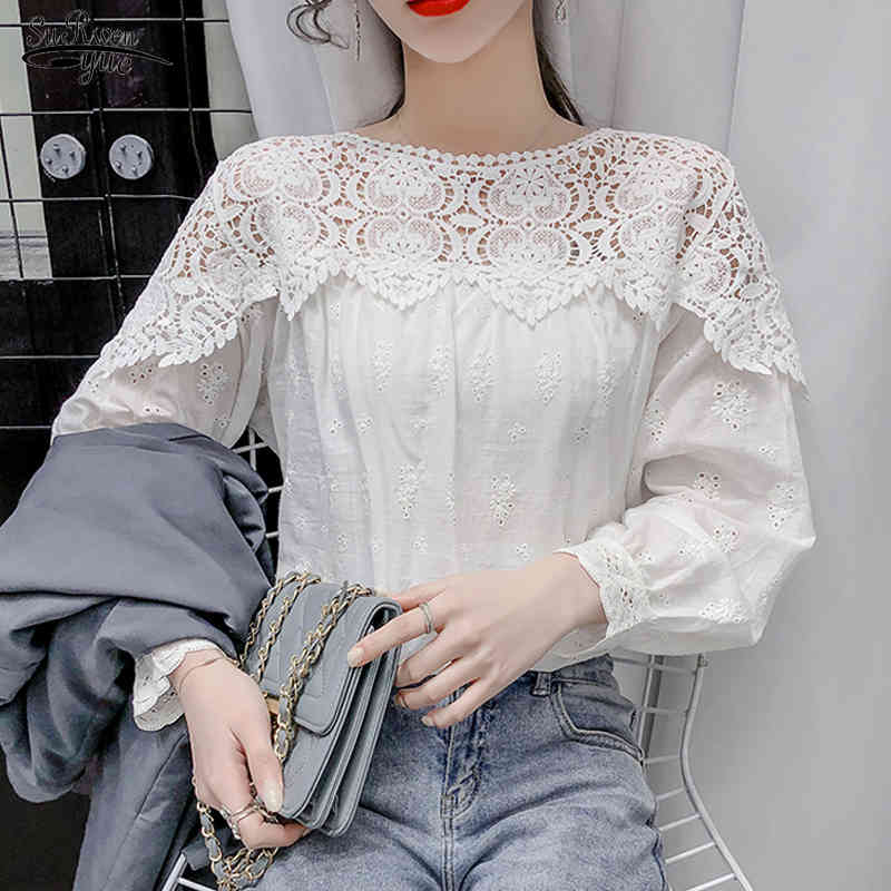 

Spring Plus Size Cotton Vintage Shirts Female Lace Hollow White Blouse Women Casual Office O Neck Splicing Tops Blusas 13293 210521