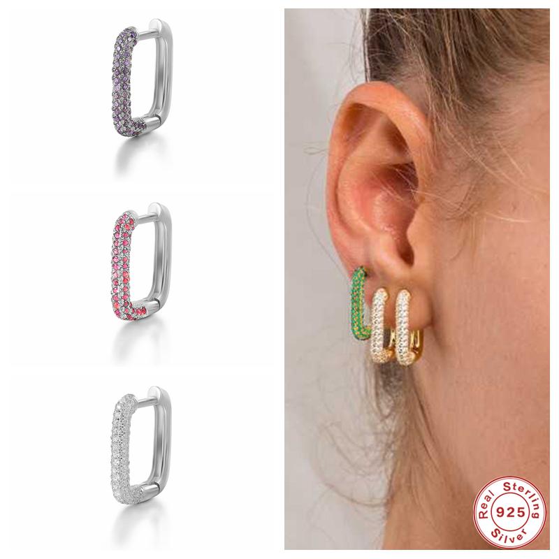 

Hoop & Huggie GS Sterling Silver Colorful Zircon Big Square Earrings For Women Rectangle Circle Huggies Ear Buckles Jewelry 1PC