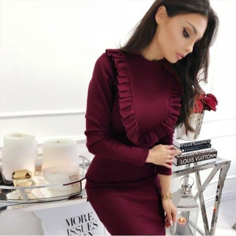 

vintage ruffled sheath party women dresses long sleeve o neck solid elegant casual mini winter fashion, Black;gray