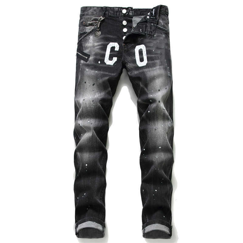 Mens Jeans jean Hip hop pants street trend Zipper chain decoration ripped Stretch Black Fashion Slim Fit Washed Motocycle Denim Panelled Trousers Ch