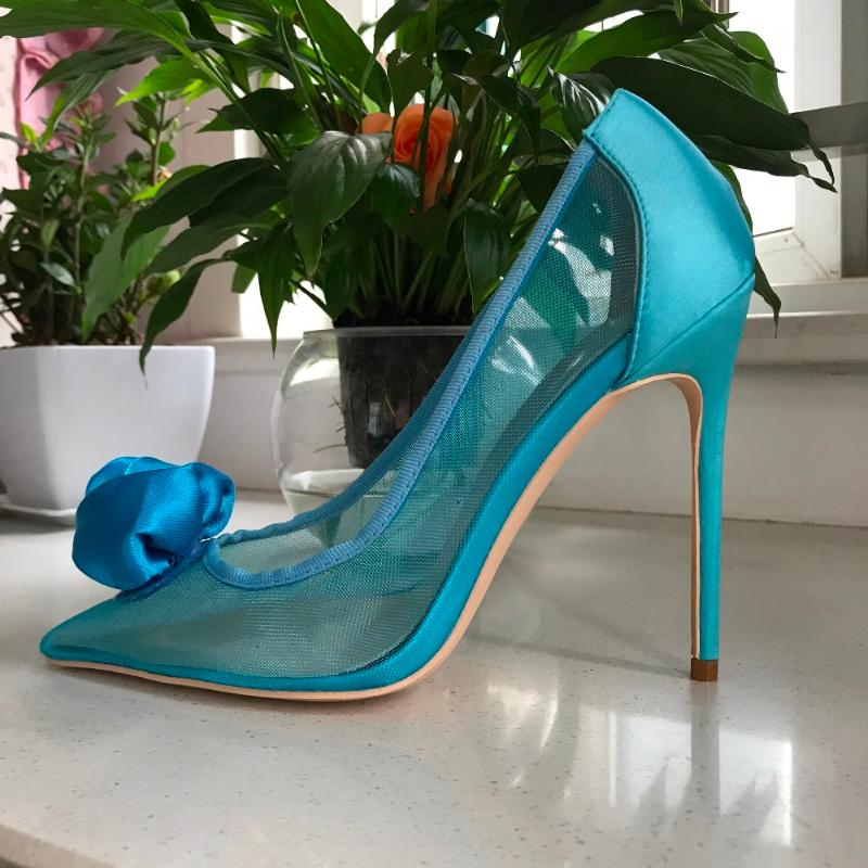 

Dress Shoes High Quality Mesh Air Women Pumps 8 10 12cm Blue Rose Flower Heels Woman Party, Pic color 10cm