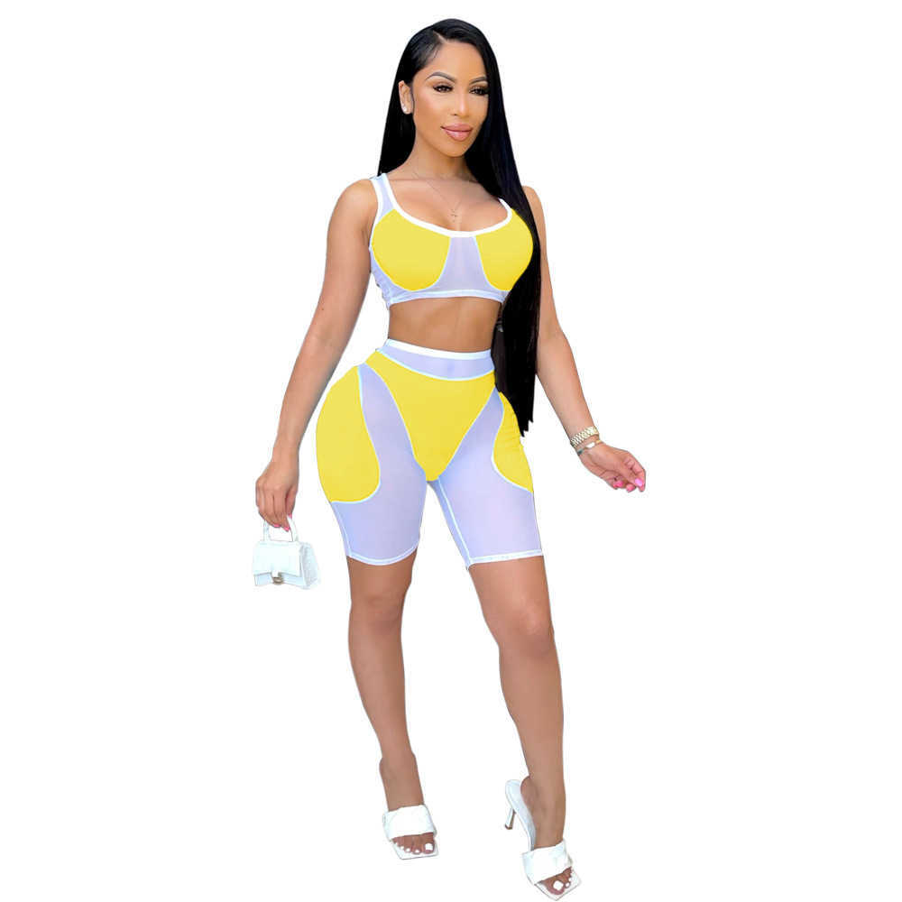 

Adogirl Sheer Mesh Patchwork Two Piece Set Woman Sleeveless Tank Top And Shorts Night Club Party Outfits 2021 Summer Clothes X0612, Orange set