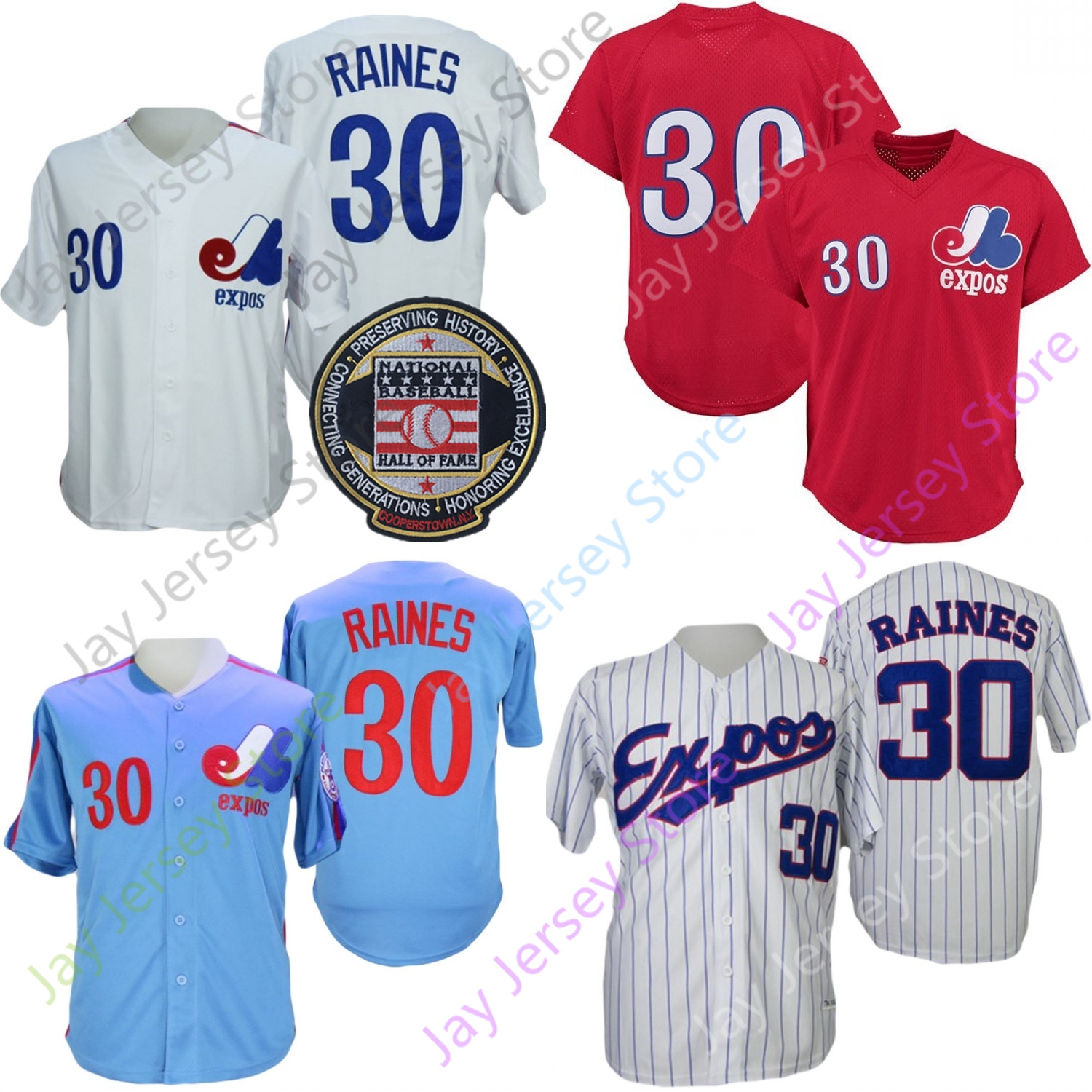

Montreal Expos Jersey Tim Raines Hall Of Fame Patch White Pinstripe Red Mesh Blue Size S-3XL