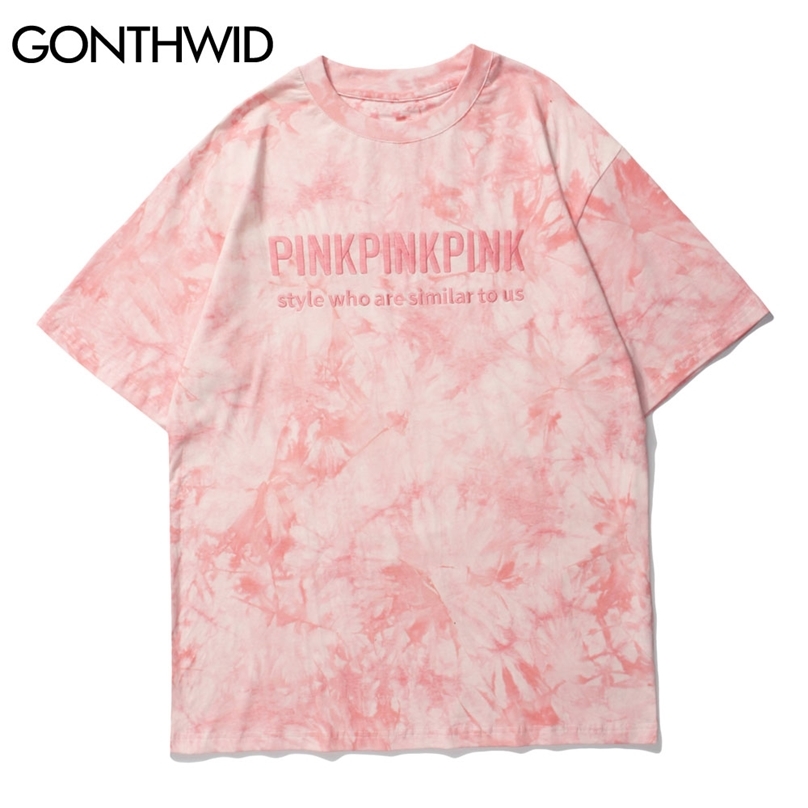 

Tees Shirts Harajuku Embroidery Letter Tie Dye Casual Cotton Tshirts Streetwear Hip Hop Fashion Loose Short Sleeve Tops 210602, Blue