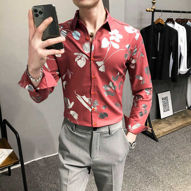 

Floral Shirts for Men Social Party Nightclub Blouse Long Sleeve Slim Casual Shirt Streetwear Tuxedo Dress Clothes Camisa 210527, Red