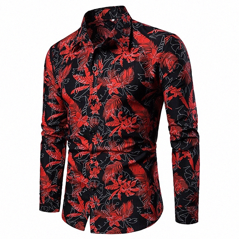 Men's Shirt Other Prints Leaves Button Down Collar Daily Print Long Sleeve Tops Beach Blue Red C2rv#
