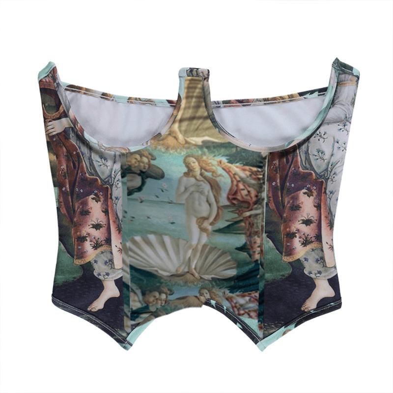 

Belts M2EA Women Vintage Oil Painting Print Sexy Corset Top Summer Patchwork Slim Waist Backless Streetwears Paty Outfits, Black;brown