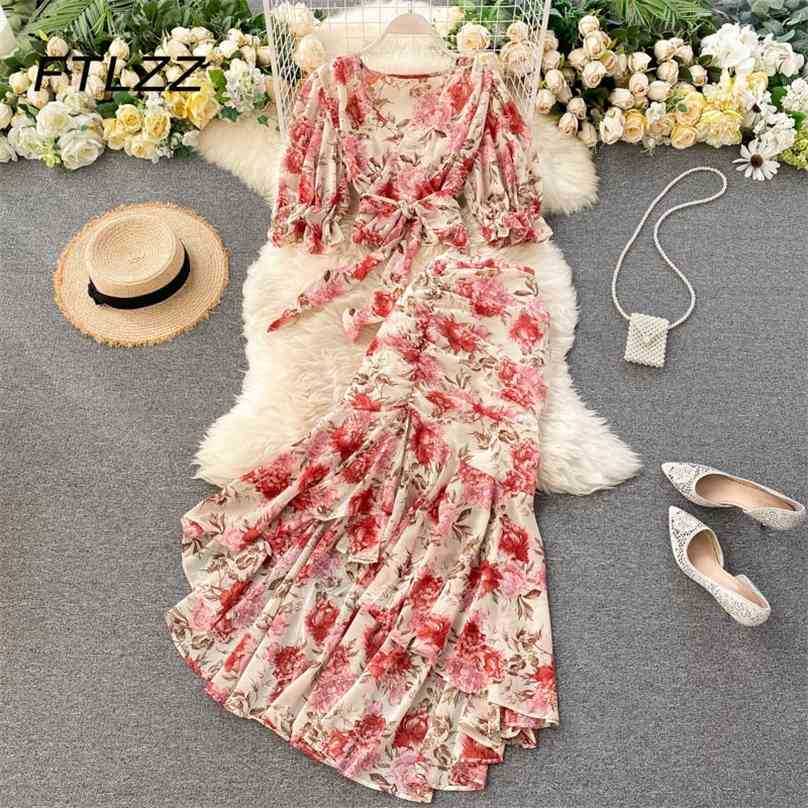 

Women Beach Two Piece Sets Summer Sexy V-neck Bandage Blouse Irregular Fishtail Skirt Outfits Ladies Chiffon Floral 210525, Black