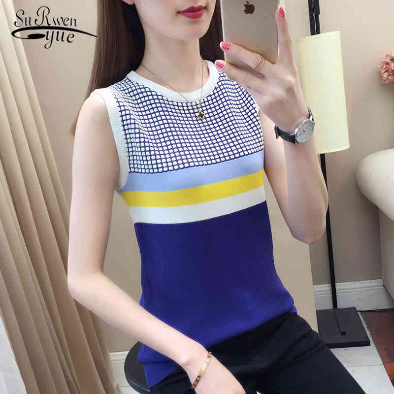 

Knitted Vests Women Top O-neck Striped Tank Summer Tops for Fashion Female Sleeveless Clothes 9154 50 210521, Pink