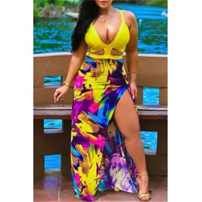 

Women's sexy three dimensional tailoring printed beach large dress, Yellow