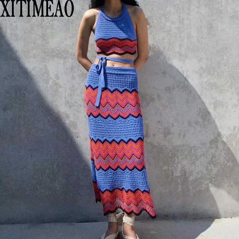 

Za Women Fashion Sexy Cropped Stripe Knitted Blouses Vintage Backless Female Cross Necked Vest Neck And High Waist Skirt 210604, Top