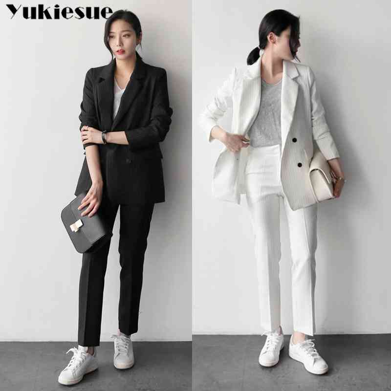 

striped Long section Pant Suits Women Casual Office lady Business Suits Formal Work Wear Sets Uniform Styles Elegant Pant Suits 210519, Gray