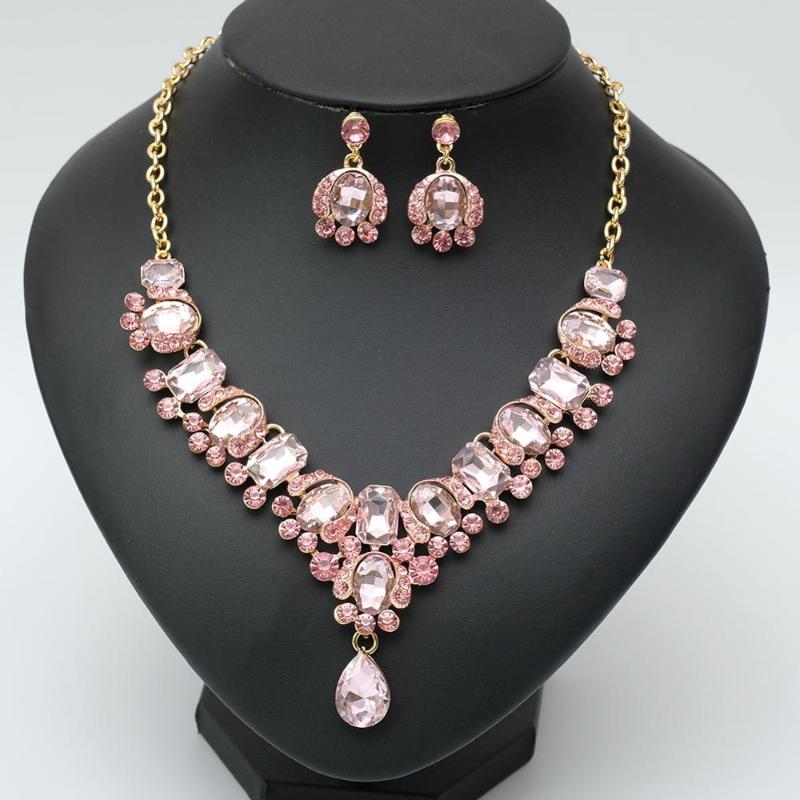 

Earrings & Necklace Elegant Pink And Earring Luxury Bridal Crystal Chokers Muslim Jewelry Sets For Brides Wedding Costume Women's Gifts, As pic