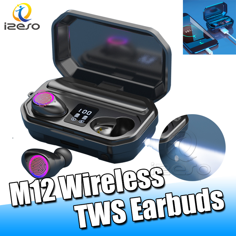 

M12 Wireless Bluetooth Earphone In-ear Stereo Sport Gaming TWS Earbuds with Flashlight Microphone Headset for iPhone 13 Pro Max Samsung Smartphone izeso, White