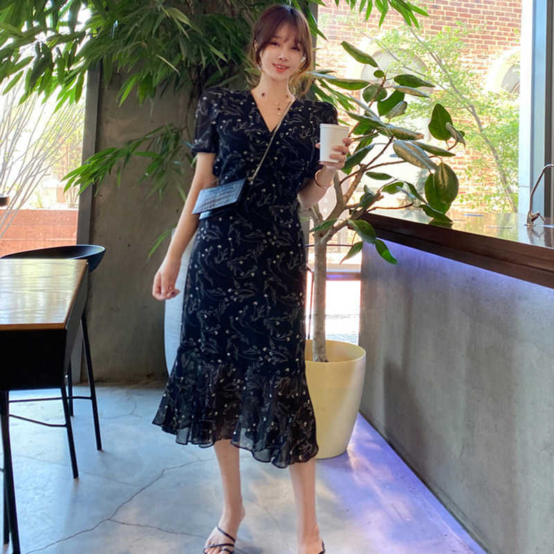 

summer Korean temperament V-neck lace-up waist chiffon print dres Office Lady 210603, Black