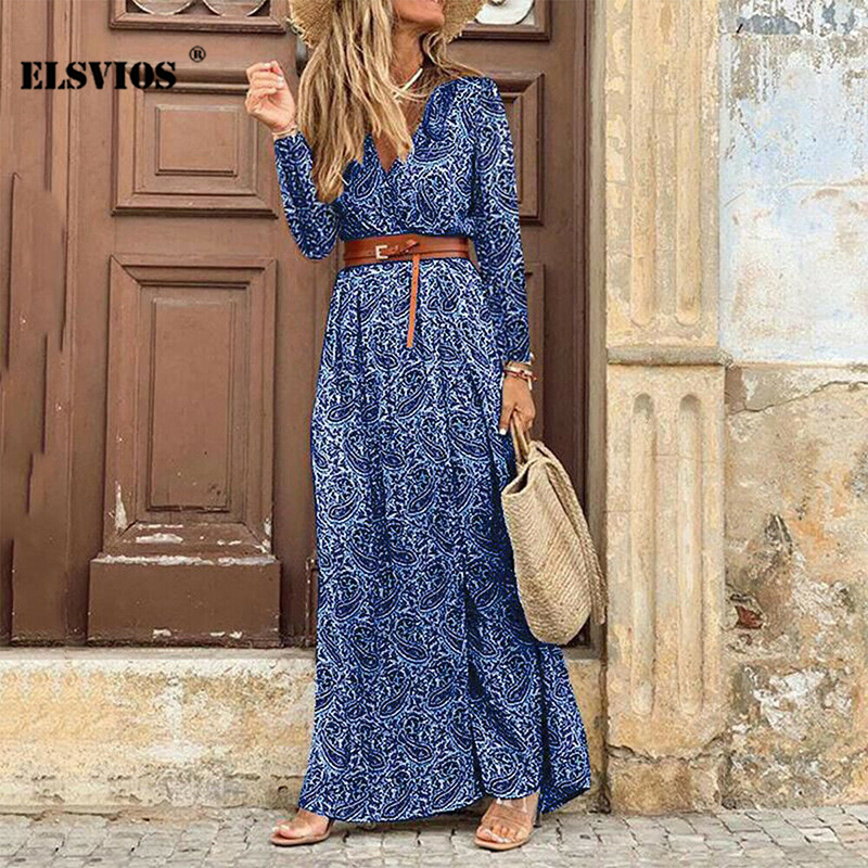 

Winter Autumn Fashion Women V Neck Print Long Dress Casual Irregular Long Sleeves Dress Elegant Bohemian Streetwear Party Dress, Red