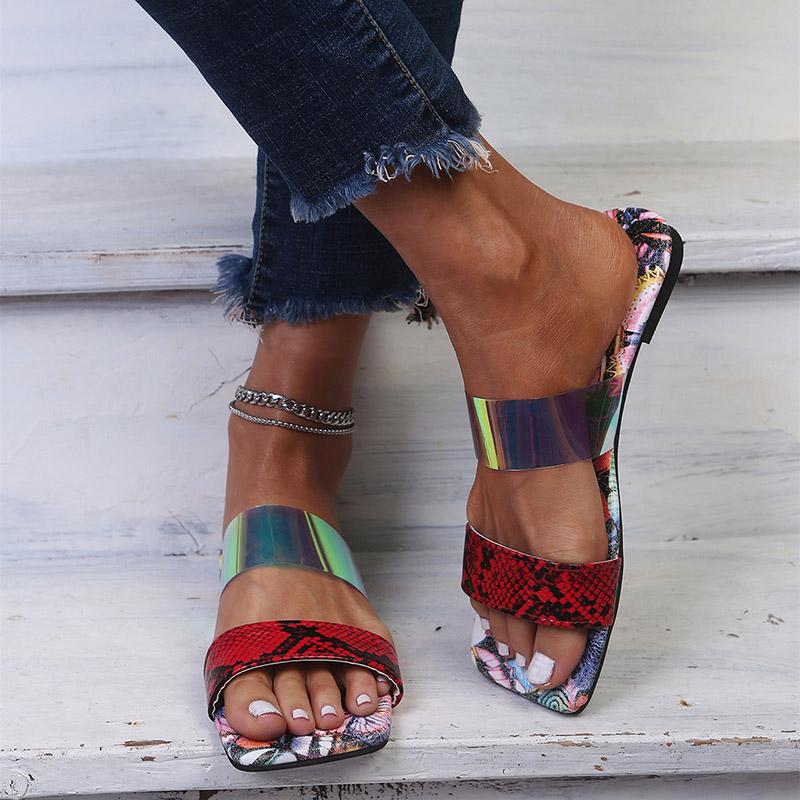 

Slippers Large Size Snake Print Laser Strap Women Slides Colorful Flat Sandals 2021 Summer Beach Sandalias Mujer Claquette Femme, Red
