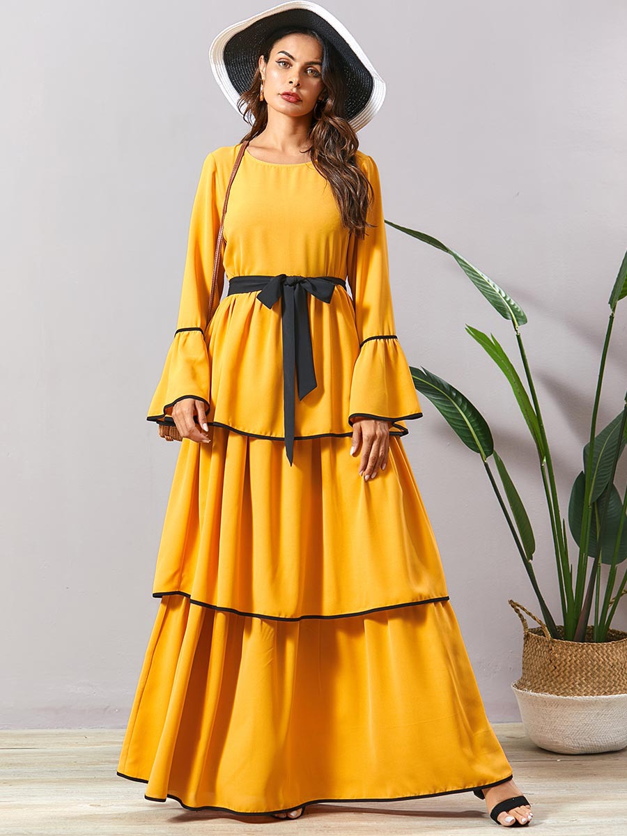 

Kalenmos autumn boho Abaya Muslim Dress Women Trumpet Sleeve Multi-layer Pleated Moroccan Kaftan Hijab Long Robe Plus Size 4XL