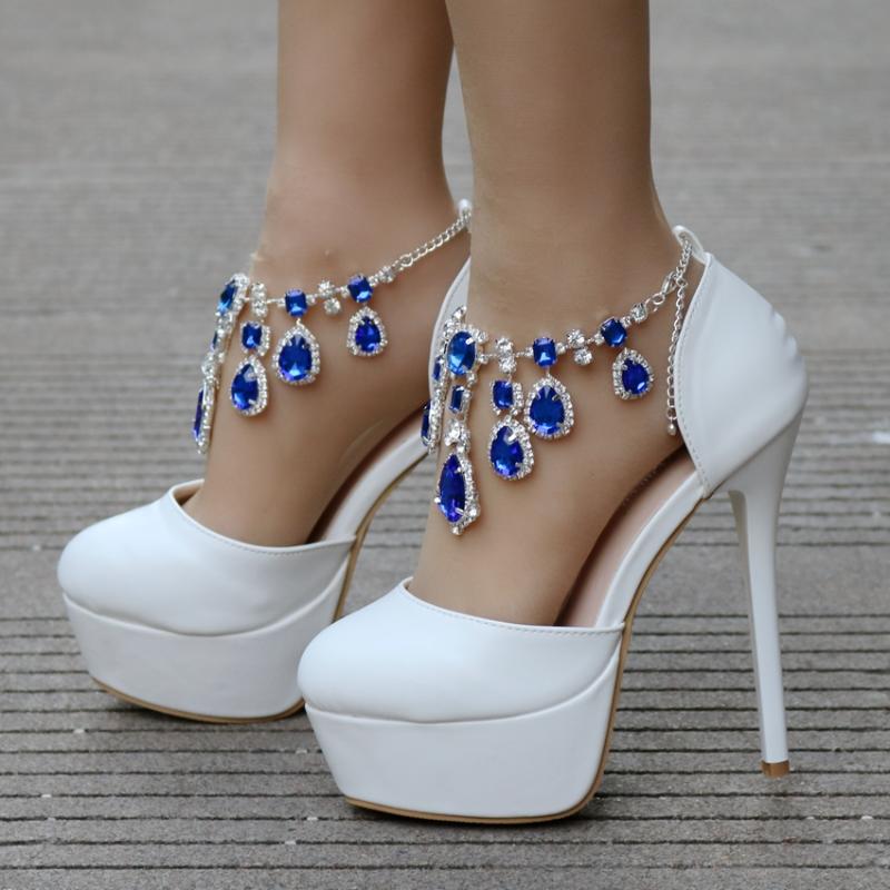 

Spring And Summer Women's High-heeled Sandals Fine With Waterproof Platform Round Toe Crystal Pearl White 14CM Large, Black