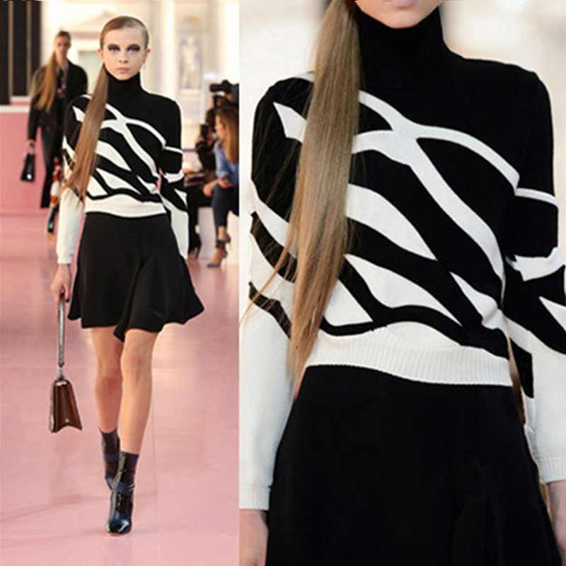 

Women' Sweaters Celebrity Turtleneck Black and White Striped Women Pullover Autumn Winter Luxury Designer Woman Clothing T2ZW