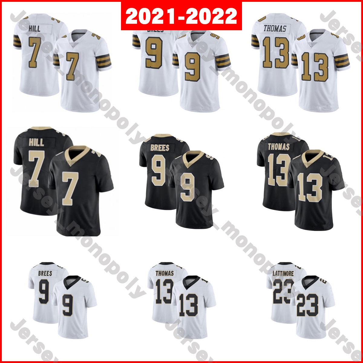 

2021 7 Taysom Hill 9 Drew Brees Football Jersey 13 MIChael ThOmas 23 Marshon Lattimore 41 Alvin Kamara, As