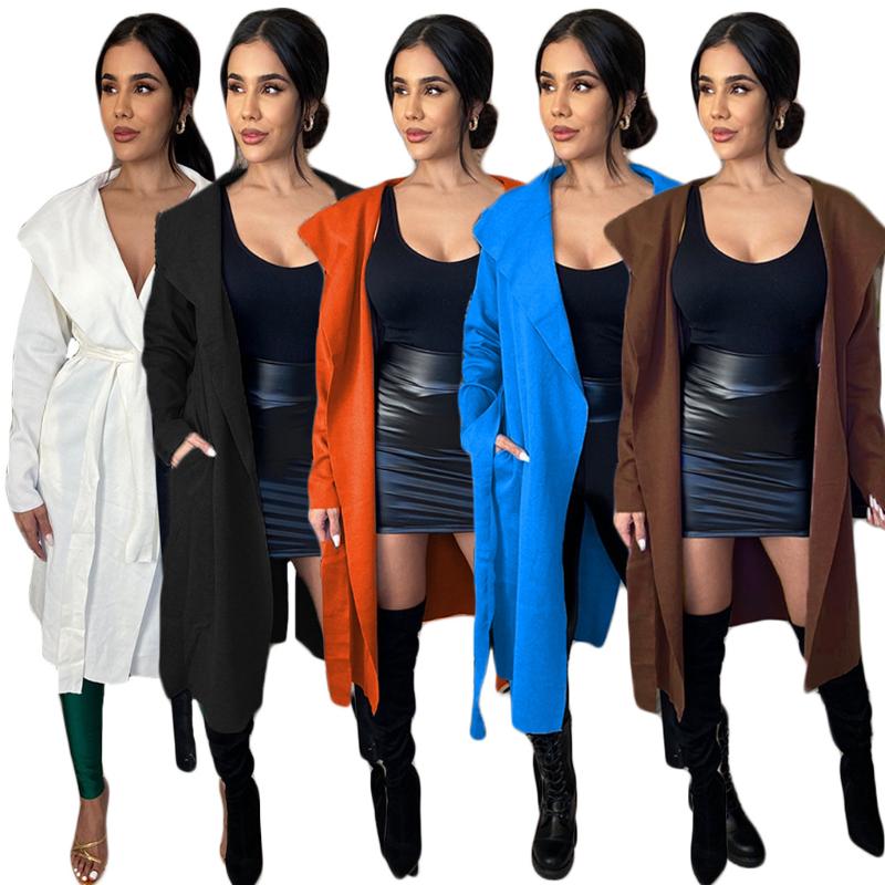 

Women's Trench Coats Elegant Women Long Autumn Winter Lapel Neck Full Sleeves Sash Fashion Cardigans Outwear Office Lady 2022 Est, Tan;black