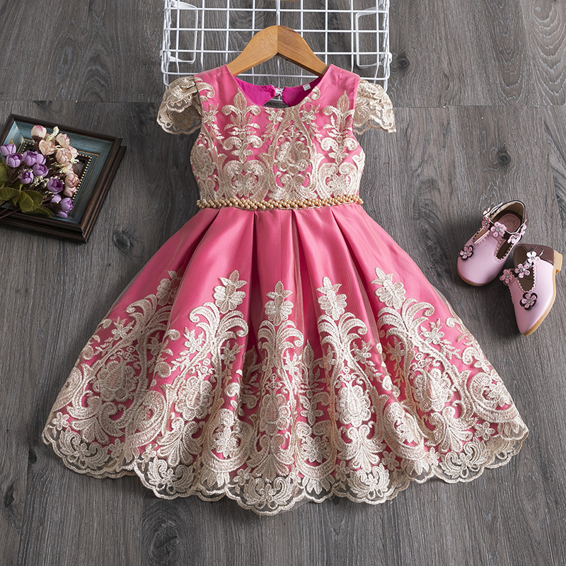2021 Girls Palace Style Robe de broderie Robe Net Gauze Tutu Cute Princesse Robe Enfants Vestidos