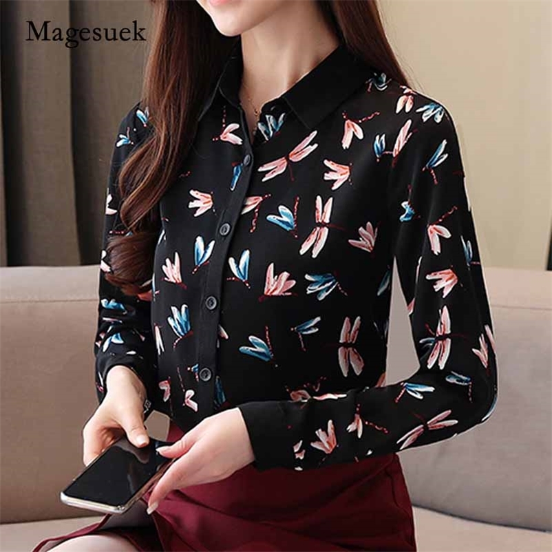 

Autumn Korean-Style Women's Blouse Long-Sleeved Loose Turn-down Collar Print Cardigan Chiffon Shirt Blusas Mujer 10747 210518, Mixed