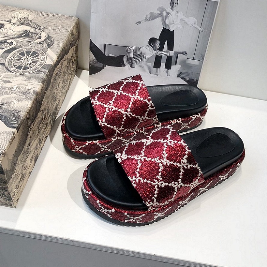 

2021 new fashionable shoes with thick soles, exquisite sheepskin material, exquisite workmanship, printed ladies' sandals, slippers, t5.5cm, Blue 1