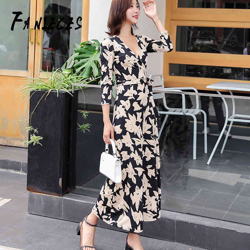 

Women Casual Floral Print Wrapped Tied Side Maxi boho dresses Summer fall Bohemian Dress V-Neck sashes fashion vestidos de festa 210520, Navy blue