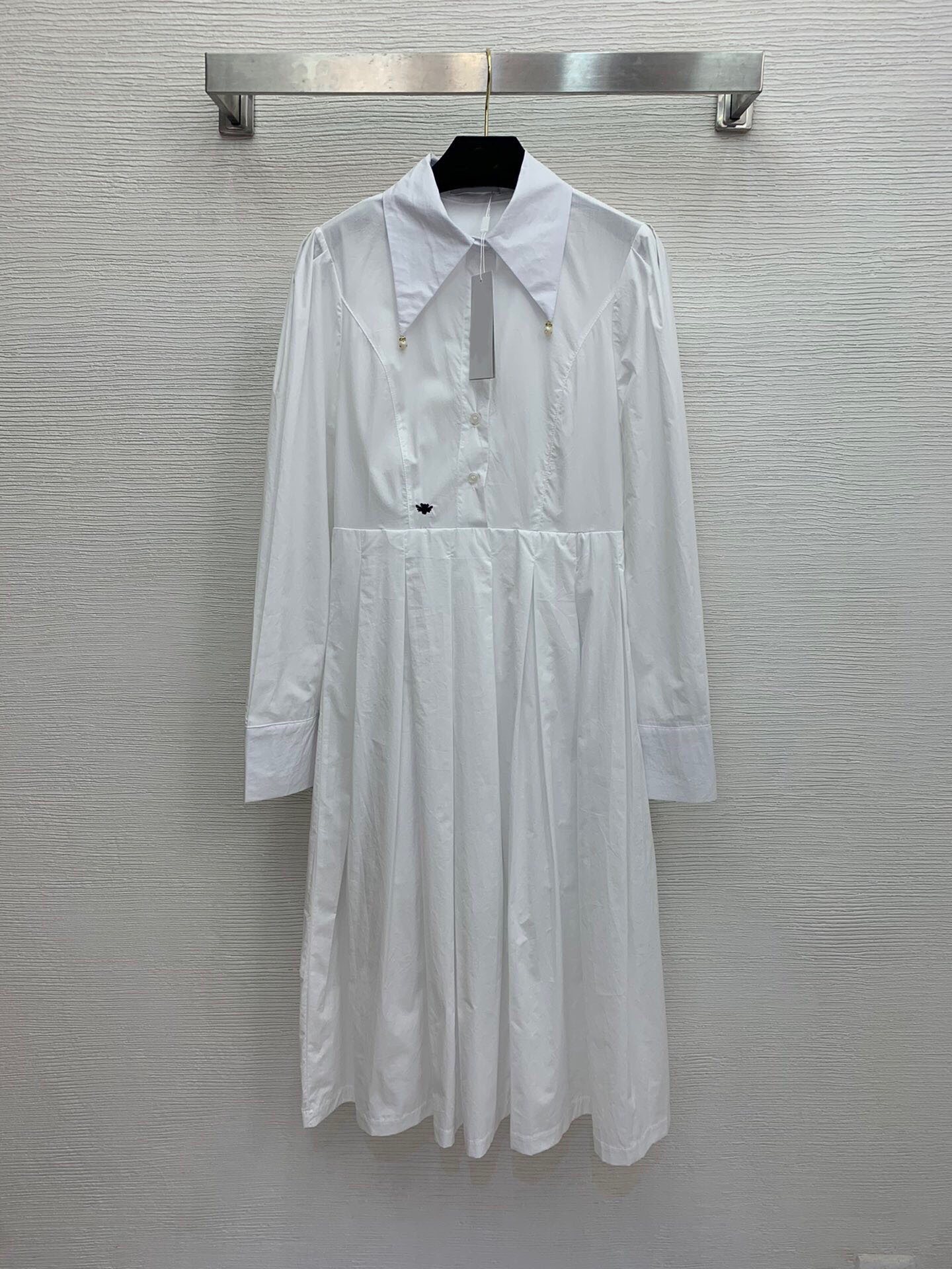 

302 2021 Milan Style Runway Dress Summer Mid Calf Brand Same Style Empire Womens Dress Fashion High Quality Dress Lapel Neck Long Sleeve weinishi, White