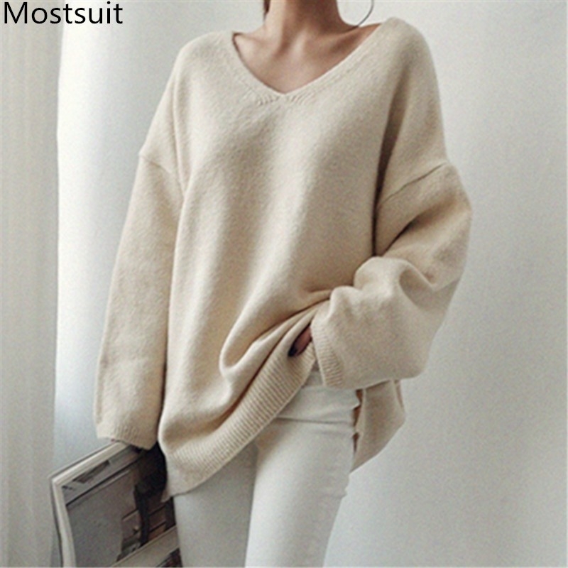 

Autumn Korean Knitted Women Long Sweaters Pullovers Full Sleeve V-neck Solid Loose Oversized Tops Fashion Ladies 210518, Black