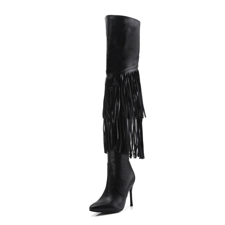 

Boots Women's Shoes Beautiful Shoe Tassels Fine Heel Woman Brown Overknee Will Code, Black