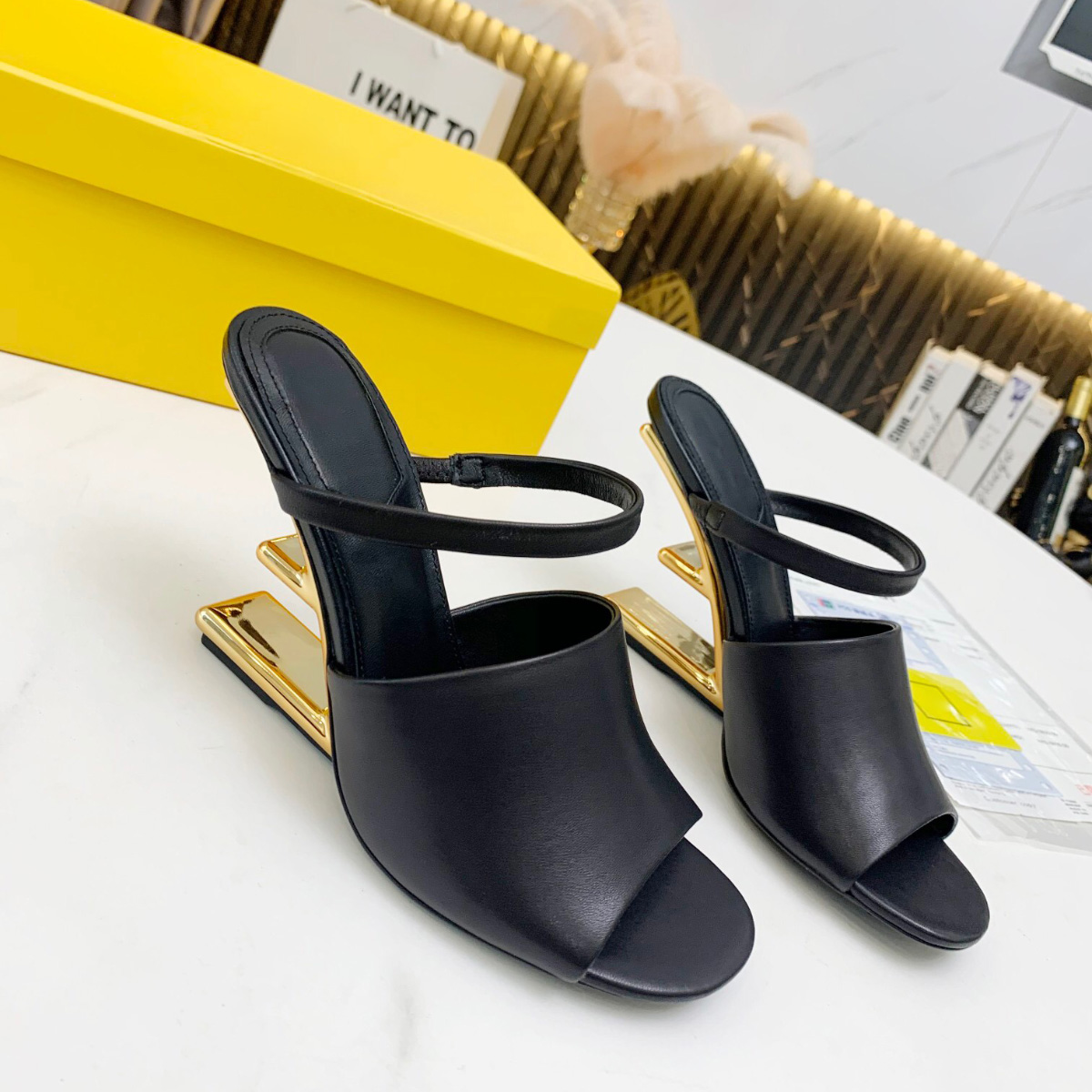

Black Sculpted high-heeled slippers Metallic high heels open toes slip-on slides calfskin leather outsole sandals for women luxury designer shoes factory footwear