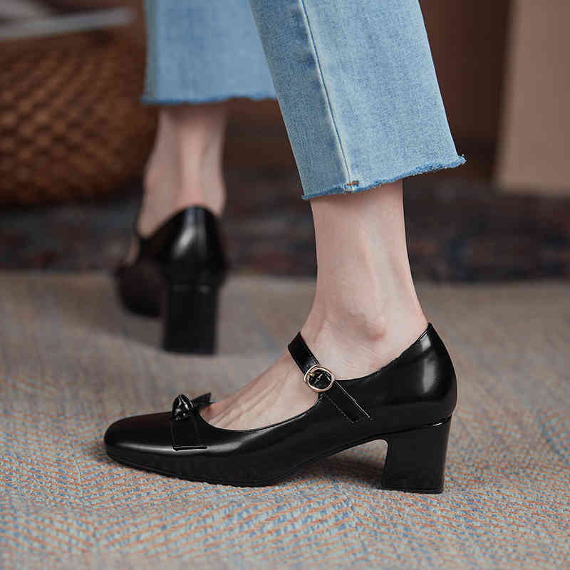 

sandals female pumps genuine leather shoes plus size 22-26.5cm cow split leather-bound mary janjane buckle knot and women's jumping 3he, Black