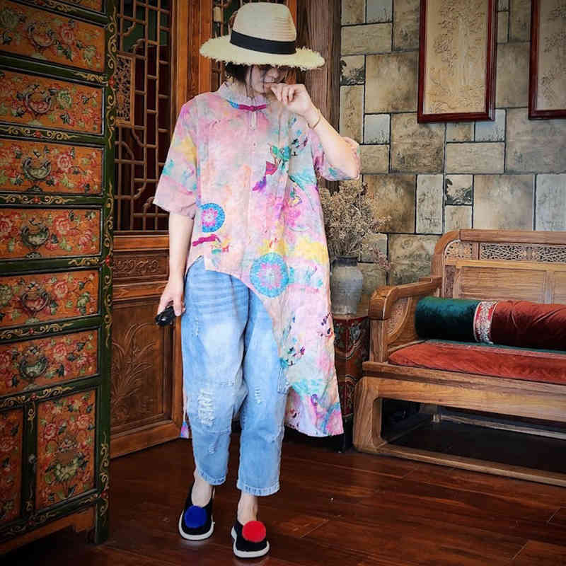 

Johnature Summer Ramie Shirts Chinese Style Blouses Women Top Mandarin Collar Print Pink Loose Linen Asymmetry Shirt 210521
