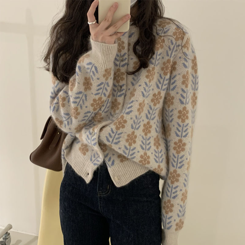 

Women's Sweaters South Korea early spring around the neck long sleeve unique impression breasted loose and thin retro cardigan shirt women's WWUV, 1# shoe box