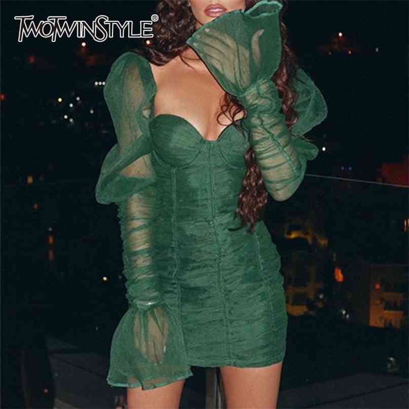 

Sexy Patchwork Mesh Dress Female Square Collar Puff Long Sleeve Ruched Dresses For Women Fashion Clothing 210520, Black