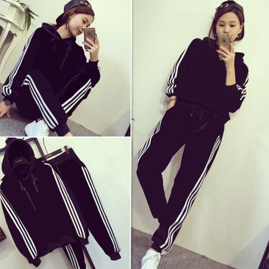 

autumn and winter girlfriends long sved plush thickened sweater sportswear slim hat casual two-piece suit female, Gray