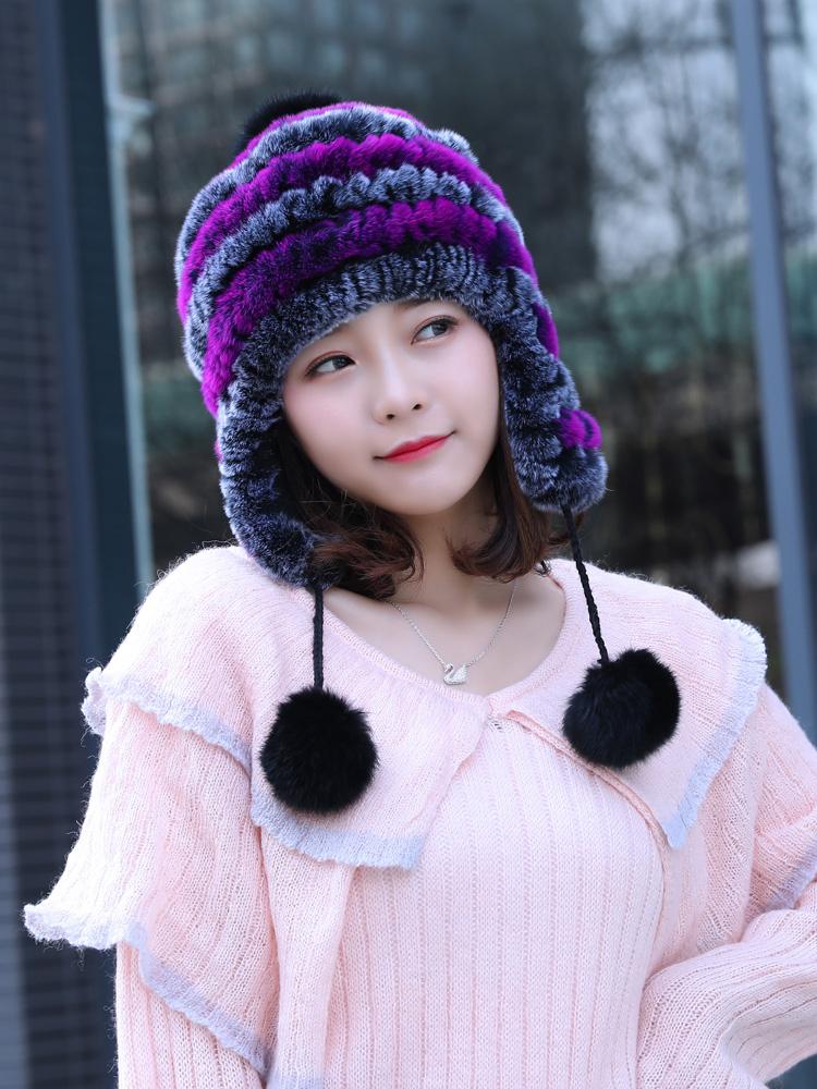 

Berets Real Rex Fur Hat Knitted Ball Winter Warm Cap With Earflap Fashion Sweet Fluffy Beanies